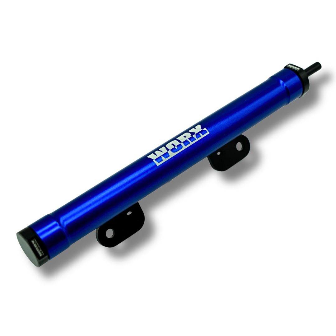 2021+ Yamaha Superjet Billet Fuel Rail - Blue angled with brackets