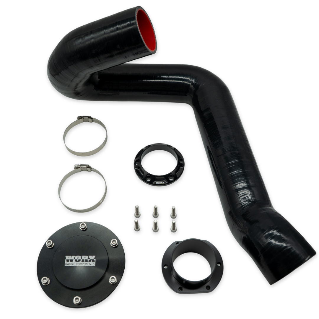 WORX Racing Jet Blaster exhaust kit with Stealth Black outlet, silicone hose, and mounting hardware