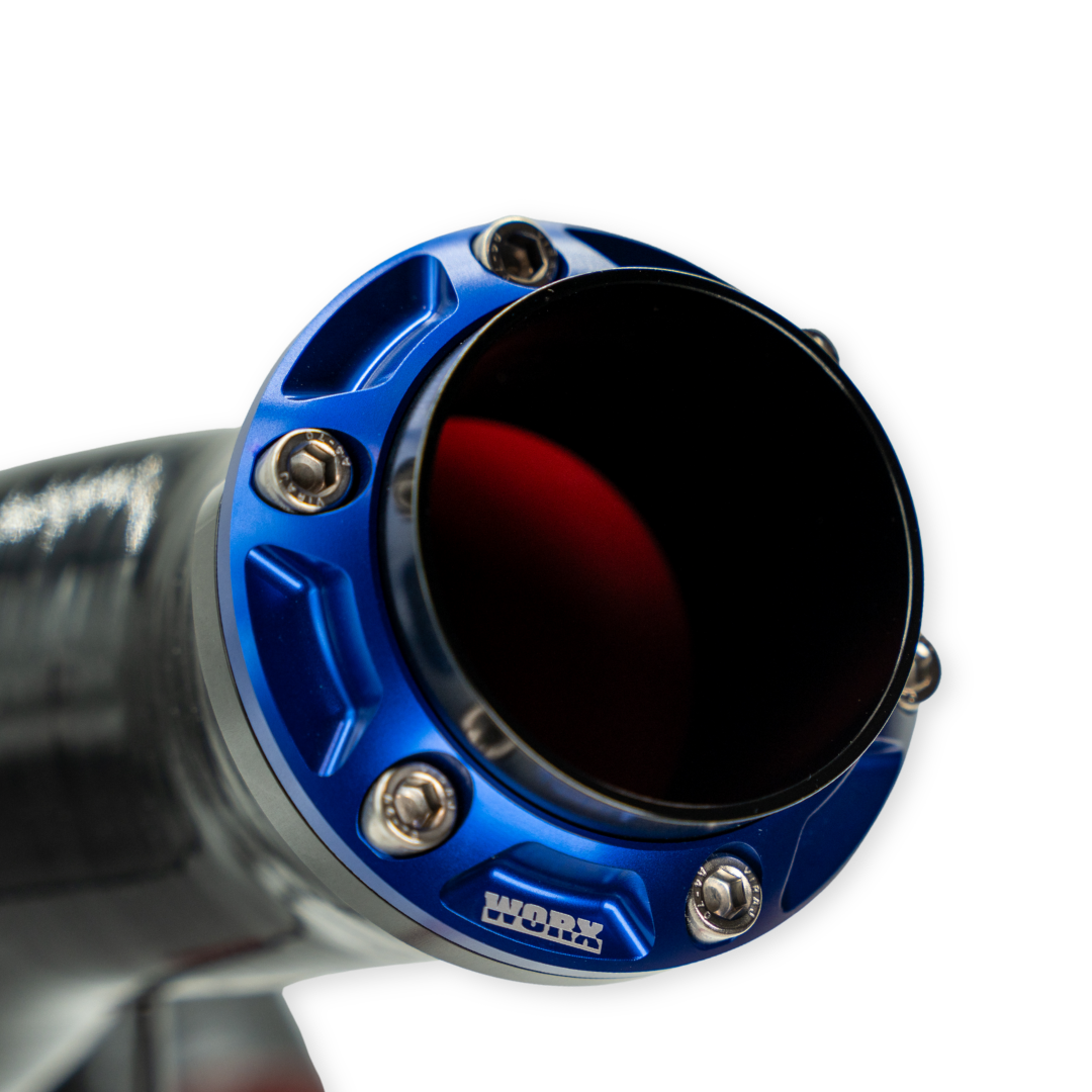 Close up of WORX Racing Jet Blaster exhaust outlet in Nitro Blue anodized finish