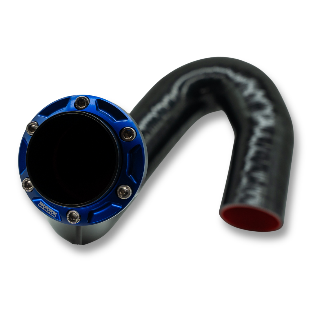 WORX Racing Jet Blaster exhaust in Nitro Blue showing silicone hose bend