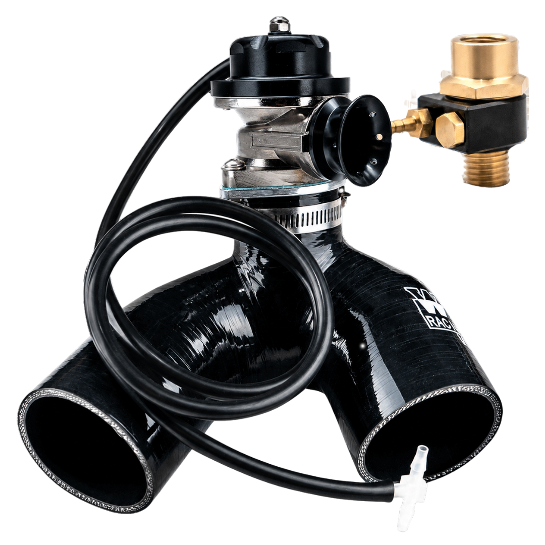 Worx Racing Yamaha blow-off valve kit with black anodized top, silicone Y-pipe, and vacuum hose fitting