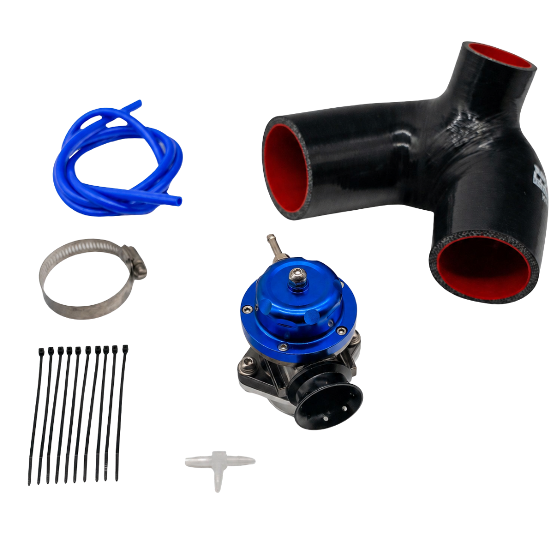 Yamaha blow-off valve blue kit contents including valve, silicone hose elbow, blue vacuum line, hose clamp, zip ties, and T-fitting