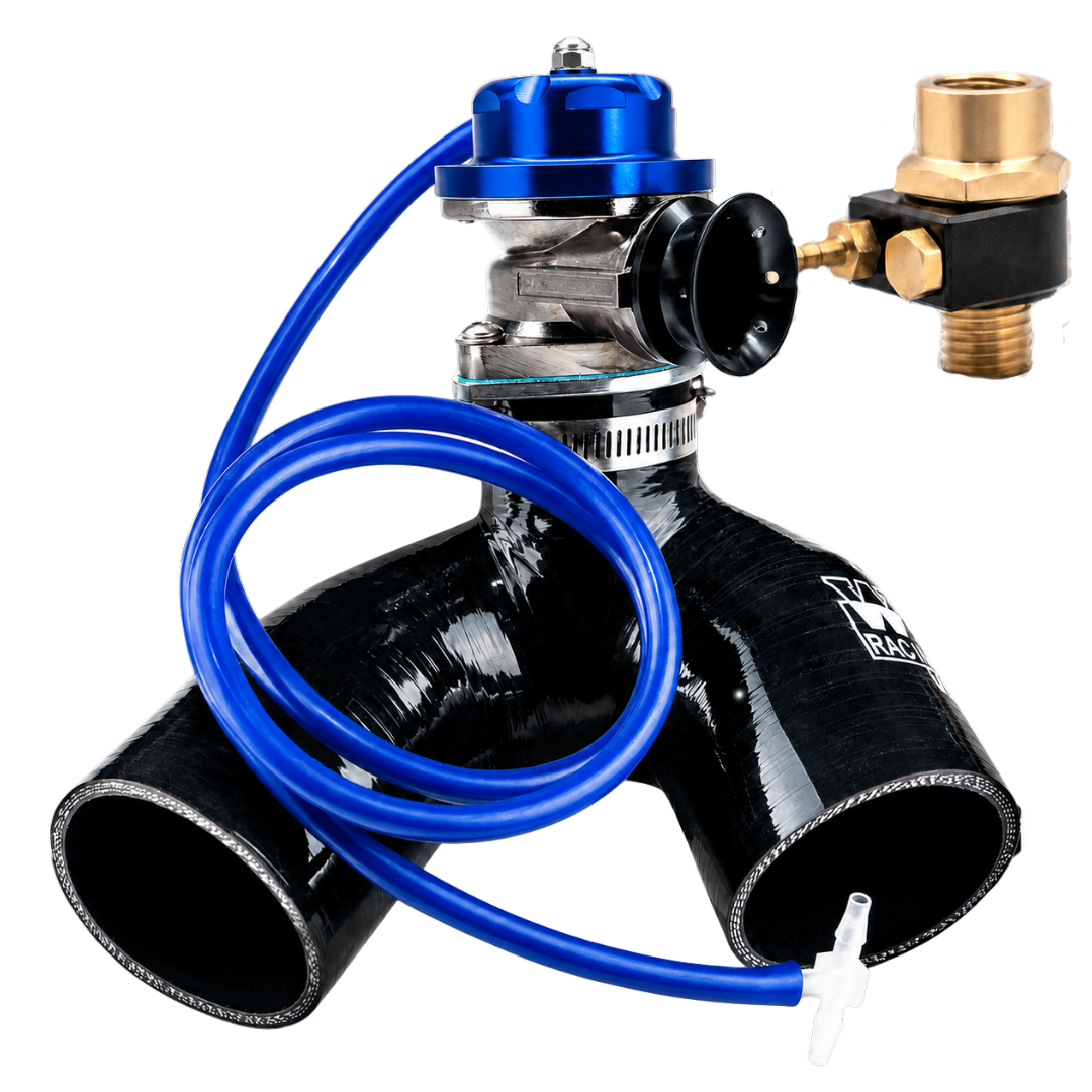 Worx Racing Yamaha blow-off valve kit with black anodized top, silicone Y-pipe, and vacuum hose fitting