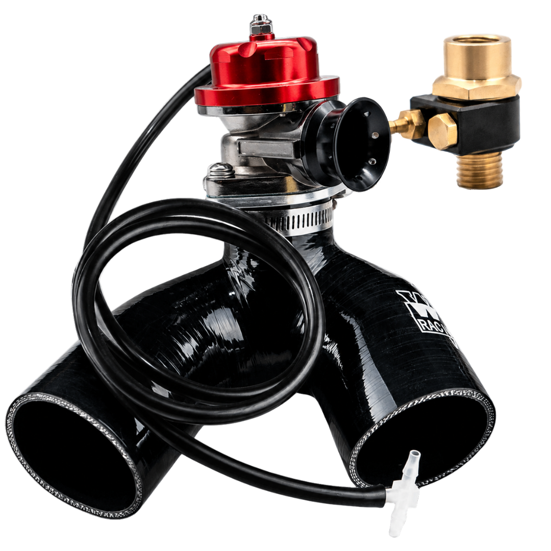Worx Racing Yamaha blow-off valve kit with red anodized top, silicone Y-pipe, and vacuum hose fitting