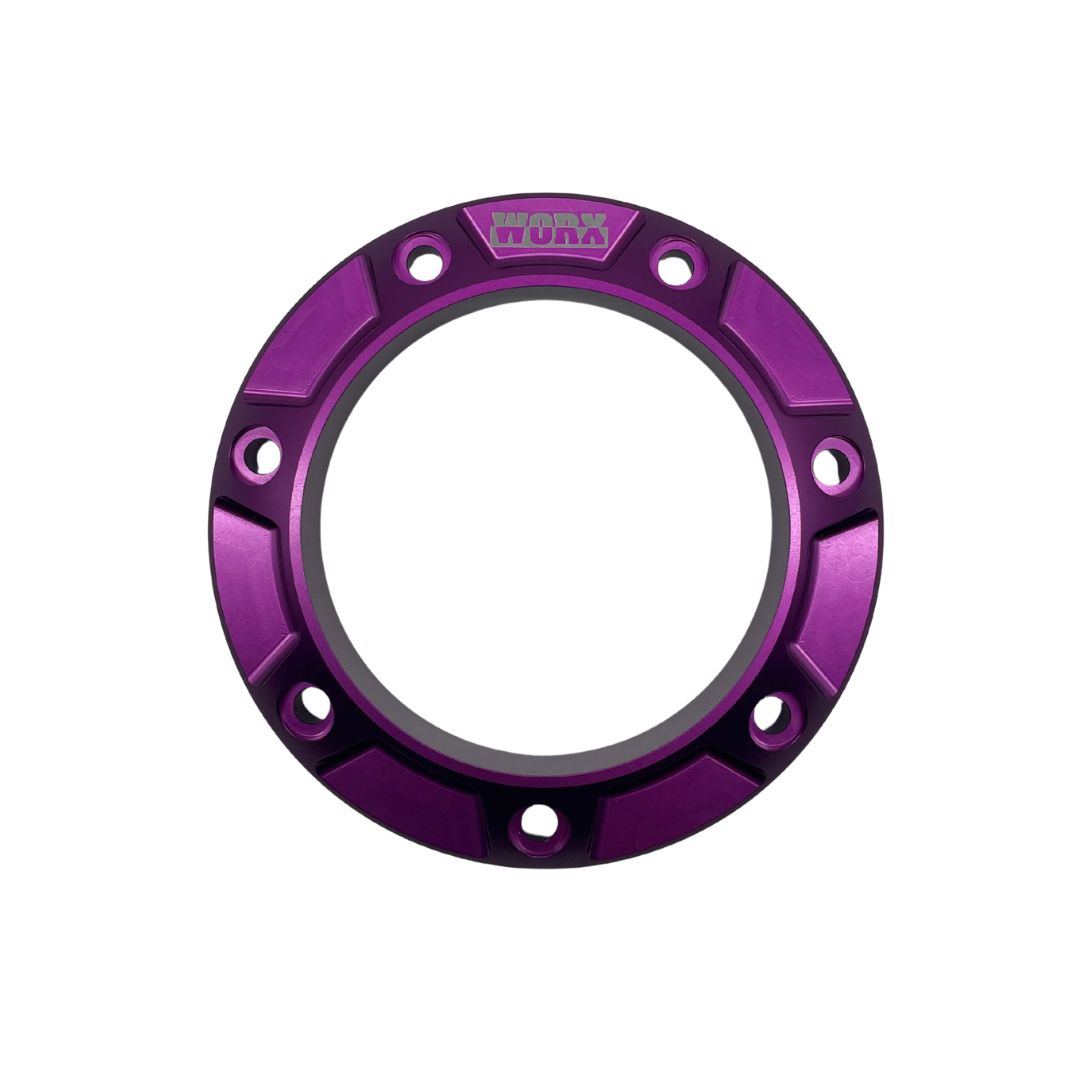 Close-up of Worx Racing logo engraving on Ultra Violet anodised exhaust outlet