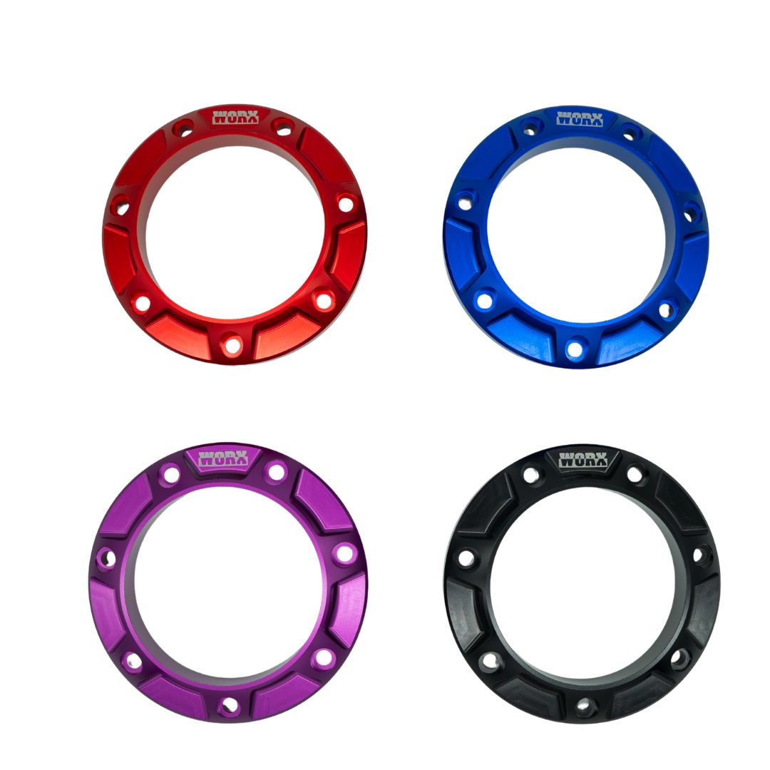 Worx Racing 2018+ Yamaha Rear Exhaust Kit contents in Ultra Violet - silicone hose, outlet, end cap and mounting hardware