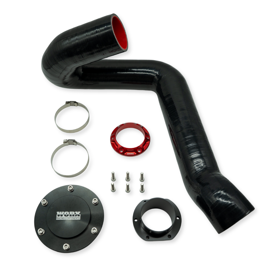 WORX Racing Jet Blaster exhaust kit with Race Red outlet, silicone hose, and mounting hardware