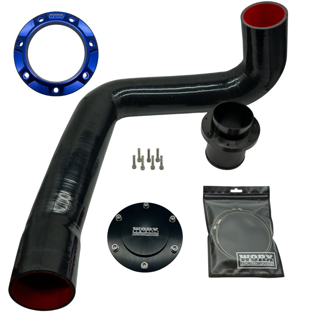 Worx Racing 2018+ Yamaha Rear Exhaust Kit silicone hose assembly in Ultra Violet, side view