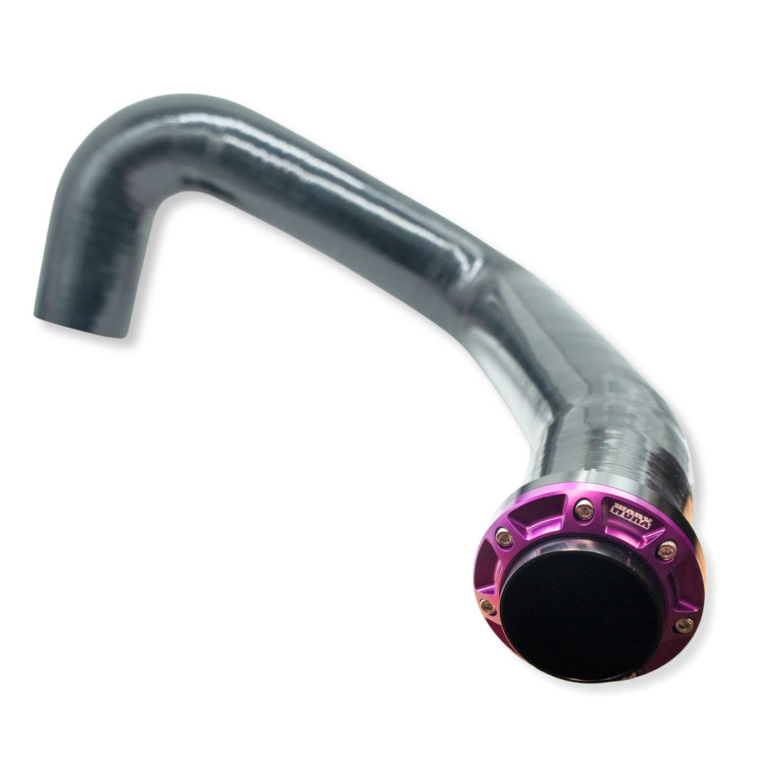 Worx Racing 2018+ Yamaha Rear Exhaust Kit contents in Stealth Black - silicone hose, outlet, end cap and mounting hardware