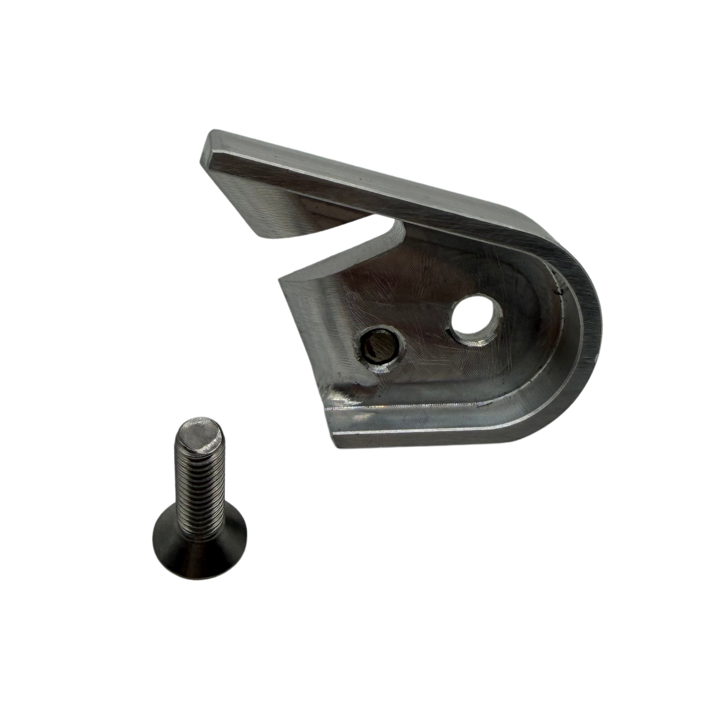 Metal bracket with a screw on a white background