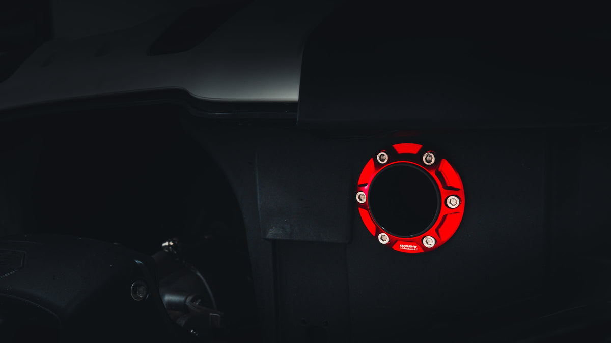 Close up of a Race Red WORX exhaust outlet fitted to a Seadoo Spark hull