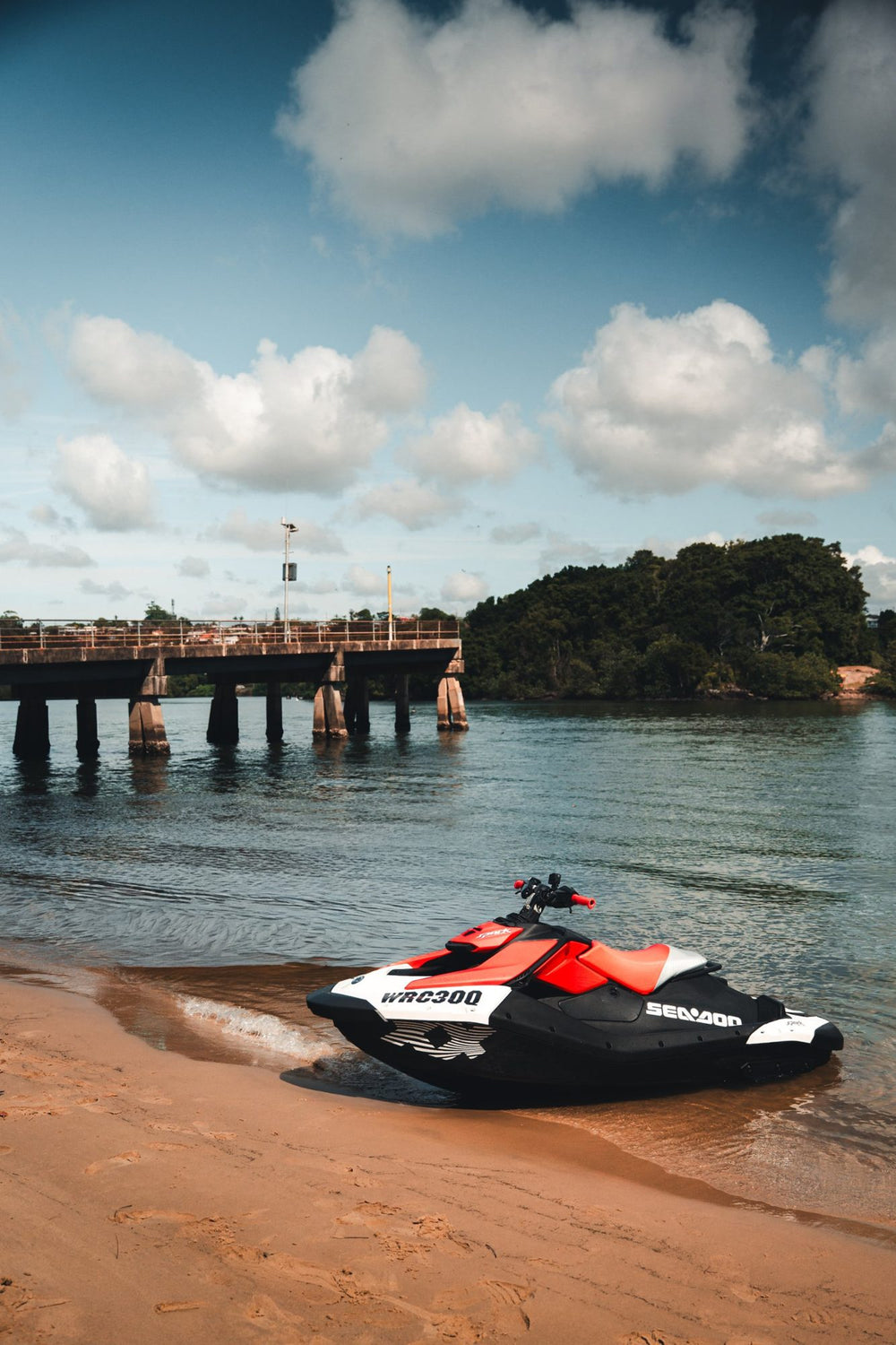 WORX Sea-Doo Spark Trixx on the beach beside a jetty