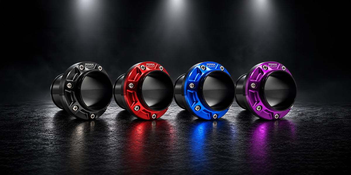 WORX Yamaha exhaust outlets in Stealth Black, Race Red, Nitro Blue and Ultra Violet anodised finishes